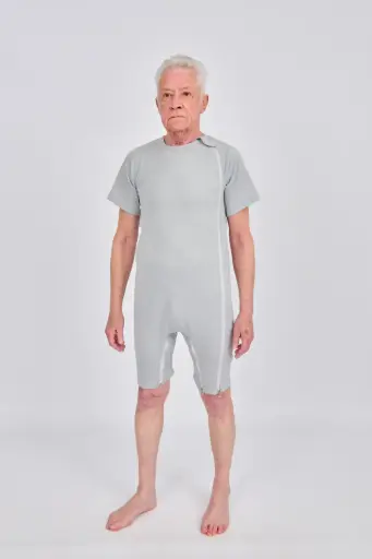 Grijze body korte mouwen, ritssluiting via de hals