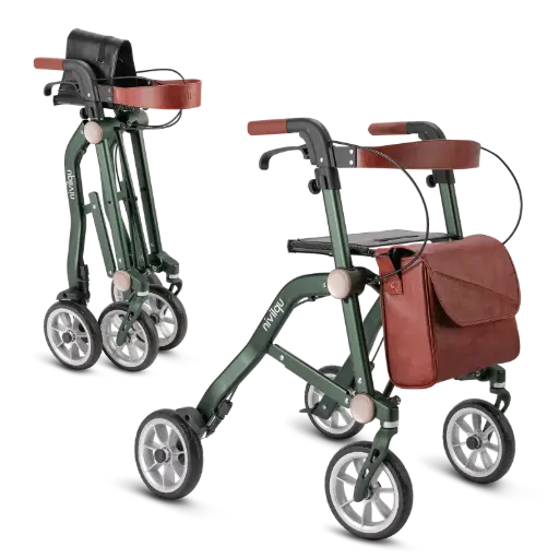 Compact, Double-Folding, Lightweight Rollator (6.5 kg) with Bag, Backrest, and Cane Holder